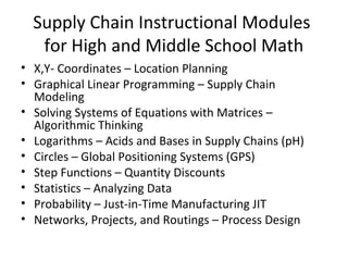 Supply Chain Instructional Modules
for High and Middle School Math
• X,Y- Coordinates – Location Planning
• Graphical Linear Programming – Supply Chain
Modeling
• Solving Systems of Equations with Matrices –
Algorithmic Thinking
• Logarithms – Acids and Bases in Supply Chains (pH)
• Circles – Global Positioning Systems (GPS)
• Step Functions – Quantity Discounts
• Statistics – Analyzing Data
• Probability – Just-in-Time Manufacturing JIT
• Networks, Projects, and Routings – Process Design
 