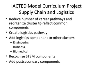 IACTED Model Curriculum Project
Supply Chain and Logistics
• Reduce number of career pathways and
reorganize cluster to reflect common
components
• Create logistics pathway
• Add logistics component to other clusters
– Engineering
– Business
– Biomedical
• Recognize STEM components
• Add postsecondary components
 