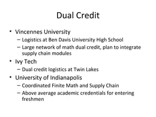 Dual Credit
• Vincennes University
– Logistics at Ben Davis University High School
– Large network of math dual credit, plan to integrate
supply chain modules
• Ivy Tech
– Dual credit logistics at Twin Lakes
• University of Indianapolis
– Coordinated Finite Math and Supply Chain
– Above average academic credentials for entering
freshmen
 