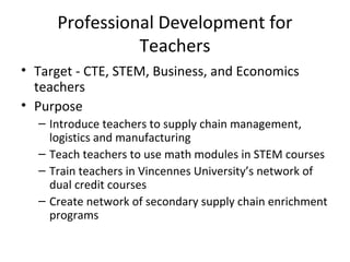 Professional Development for
Teachers
• Target - CTE, STEM, Business, and Economics
teachers
• Purpose
– Introduce teachers to supply chain management,
logistics and manufacturing
– Teach teachers to use math modules in STEM courses
– Train teachers in Vincennes University’s network of
dual credit courses
– Create network of secondary supply chain enrichment
programs
 
