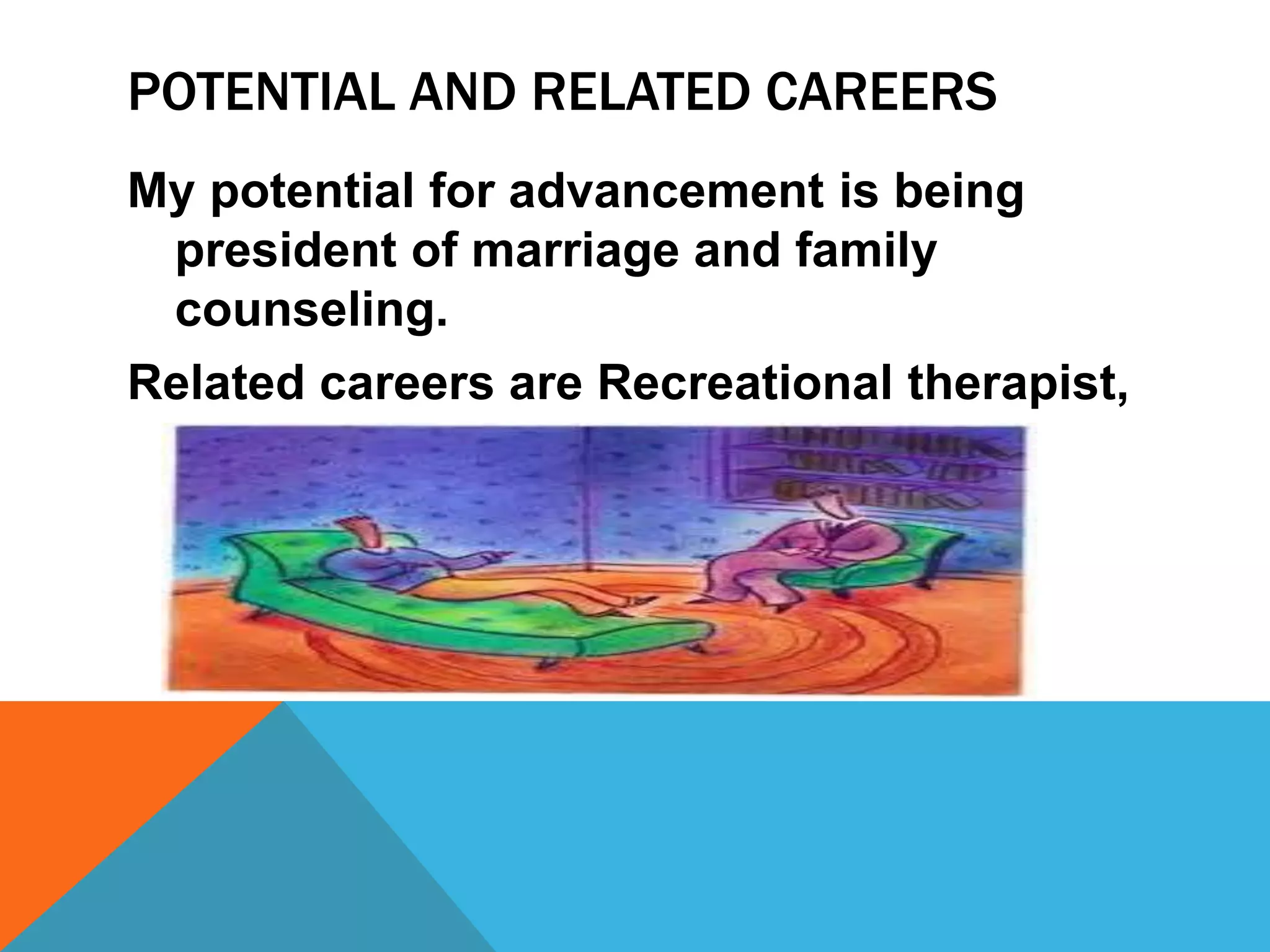 POTENTIAL AND RELATED CAREERS 
My potential for advancement is being 
president of marriage and family 
counseling. 
Related careers are Recreational therapist, 
occupational therapist, and social 
worker. 
 