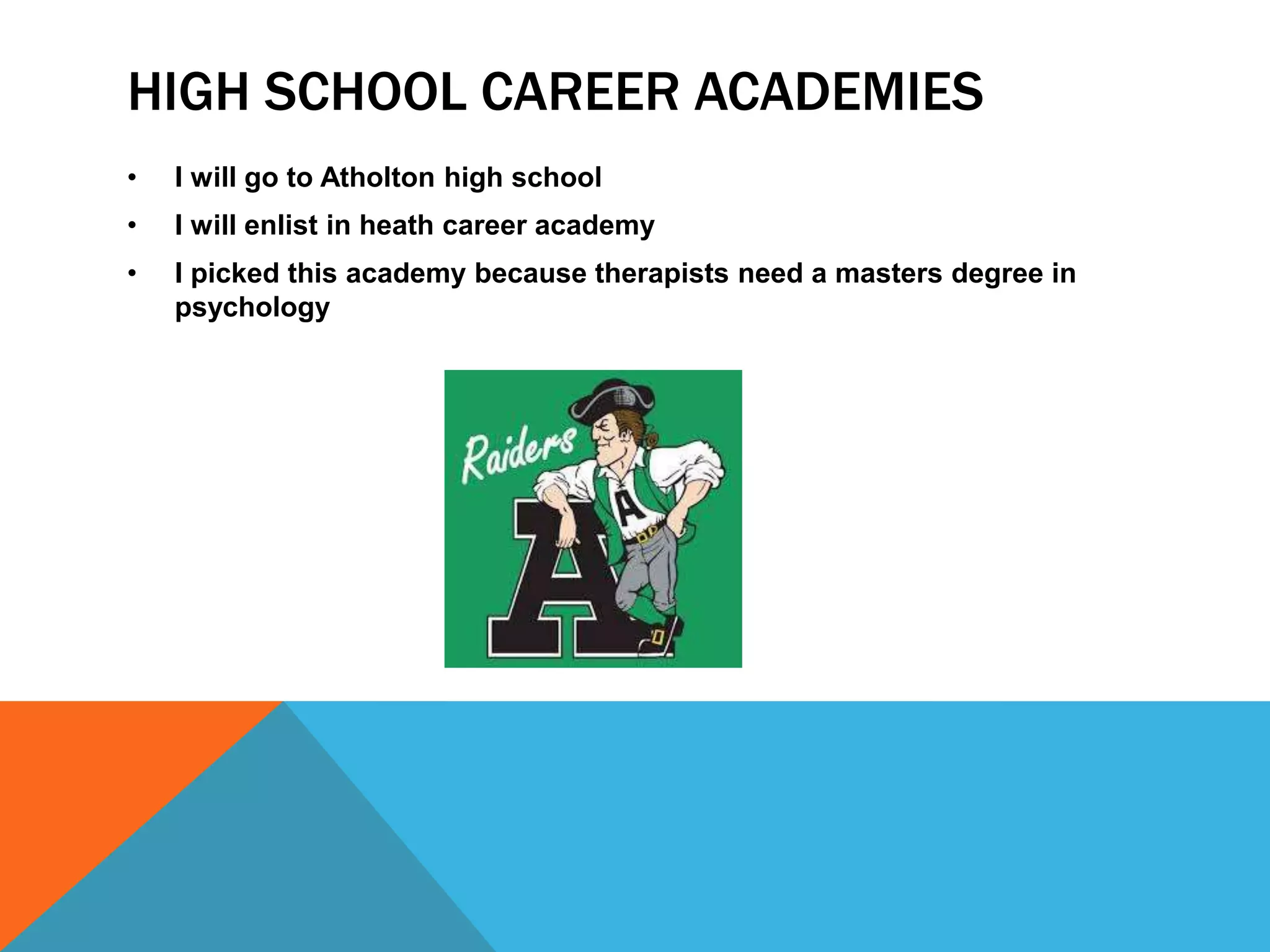HIGH SCHOOL CAREER ACADEMIES 
• I will go to Atholton high school 
• I will enlist in heath career academy 
• I picked this academy because therapists need a masters degree in 
psychology 
 