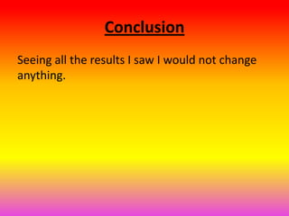 Conclusion
Seeing all the results I saw I would not change
anything.
 