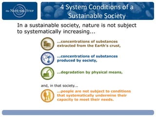 4 System Conditions of a
                       Sustainable Society
In a sustainable society, nature is not subject
to systematically increasing...
                  ...concentrations of substances
                  extracted from the Earth’s crust,


                  ...concentrations of substances
                  produced by society,


                  ...degradation by physical means,


         and, in that society...
                  ...people are not subject to conditions
                  that systematically undermine their
                  capacity to meet their needs.
 