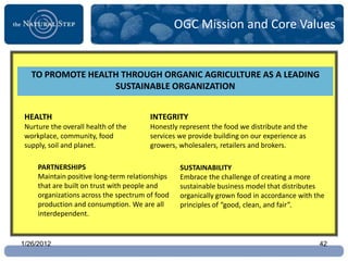 OGC Mission and Core Values


   TO PROMOTE HEALTH THROUGH ORGANIC AGRICULTURE AS A LEADING
                   SUSTAINABLE ORGANIZATION


 HEALTH                                 INTEGRITY
 Nurture the overall health of the      Honestly represent the food we distribute and the
 workplace, community, food             services we provide building on our experience as
 supply, soil and planet.               growers, wholesalers, retailers and brokers.

     PARTNERSHIPS                                 SUSTAINABILITY
     Maintain positive long-term relationships    Embrace the challenge of creating a more
     that are built on trust with people and      sustainable business model that distributes
     organizations across the spectrum of food    organically grown food in accordance with the
     production and consumption. We are all       principles of “good, clean, and fair”.
     interdependent.


1/26/2012                                                                                    42
 