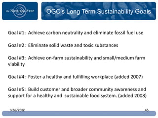 OGC’s Long Term Sustainability Goals


Goal #1: Achieve carbon neutrality and eliminate fossil fuel use

Goal #2: Eliminate solid waste and toxic substances

Goal #3: Achieve on-farm sustainability and small/medium farm
viability

Goal #4: Foster a healthy and fulfilling workplace (added 2007)

Goal #5: Build customer and broader community awareness and
support for a healthy and sustainable food system. (added 2008)

1/26/2012                                                          46
 