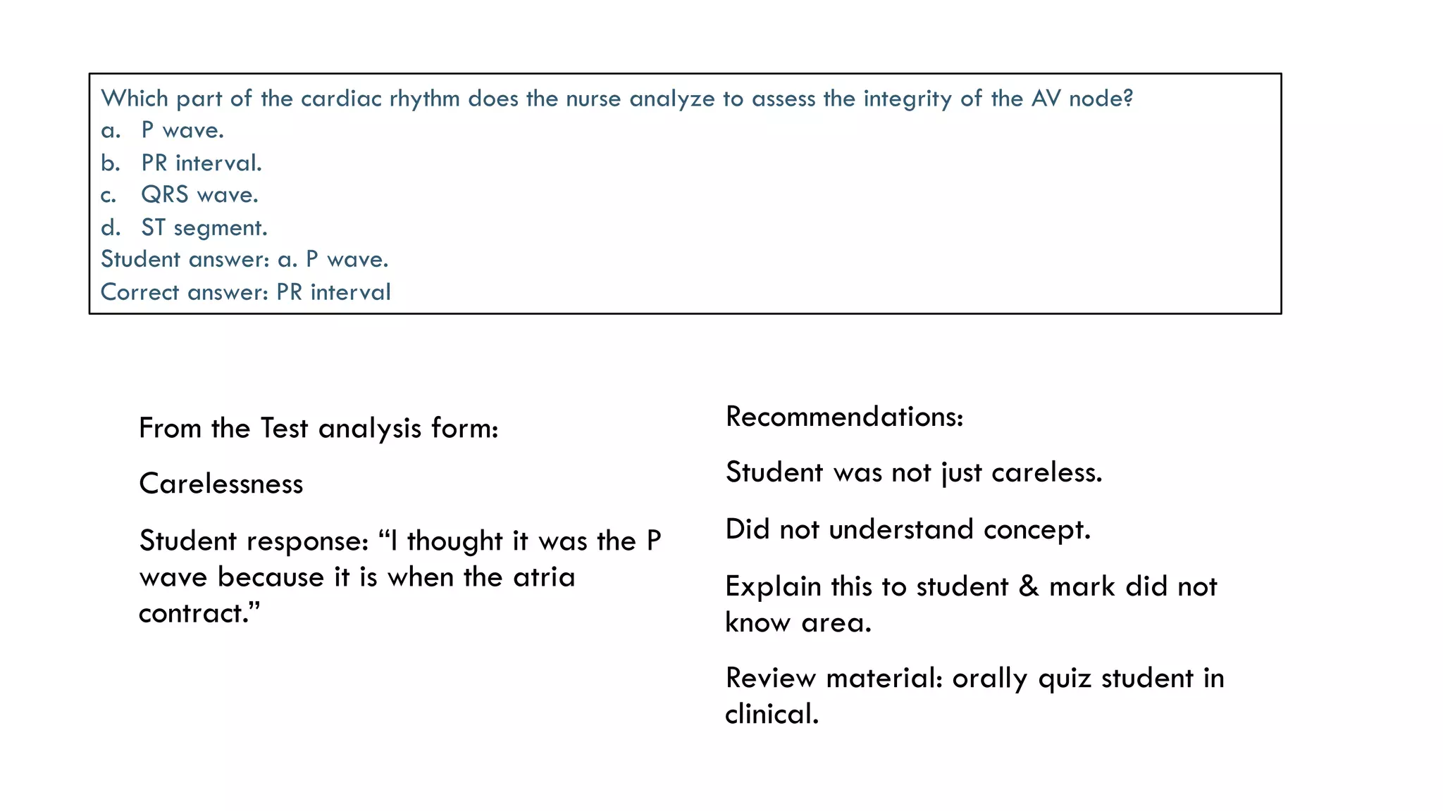 From the Test analysis form:
 Carelessness
 Student response: “I thought it was the P
wave because it is when the atria
contract.”
 Recommendations:
 Student was not just careless.
 Did not understand concept.
 Explain this to student & mark did not
know area.
 Review material: orally quiz student in
clinical.
Which part of the cardiac rhythm does the nurse analyze to assess the integrity of the AV node?
a.  P wave.
b.  PR interval.
c.  QRS wave.
d.  ST segment.
Student answer: a. P wave.
Correct answer: PR interval
 