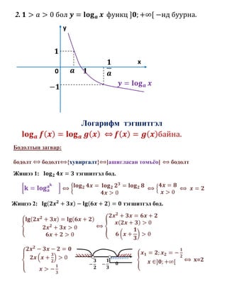 2.
                    y



                                                x
               0




                            Логарифм тэгшитгэл

Бодолтын загвар:

бодолт     бодолт       {хувиргалт}   [ашигласан томъёо]    бодолт
Жишээ 1:                  тэгшитгэл бод.




Жишээ 2:                                   тэгшитгэл бод.




                                                                     x=2
 