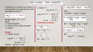CURSO : ÁLGEBRA - TEMA : LOGARITMO
El logaritmo de un número N en una base “b”
es el exponente a que debe elevarse la base
para obtener el número N.
log N = x N = b
Se debe cumplir : b = 1 ; N > 0
Donde :
b = base del logaritmo
N = número al cual se aplica el logaritmo
x= logaritmo
Ejemplos
a.- Calcular log 243
Log 243 = x ; 243 = 3
3 = 3
Por tanto x = 5
Entonces log 243 = 5 Rta
b
3
3
b.- Calcular “x”
Log (2x+ 3) = 2
Log ( 2x+3 ) = 2 (2x+3) = 3
2x+3 = 9
2x = 9 - 3
2x = 6 ; x = 3 Rta
Propiedades de Logaritmos
1.- Log N = 1
Ejm : Log 5 = 1
2.- Log 1 = 0
Ejm : Log 1 = 0
3
N
3
2
5
b
5
3.- Log ( AxB) = Log A + Log B
Ejem :
Log (5x8) = Log 5 + Log 8
4.- Log A = Log A - Log B
B
Ejm : Log 7 = Log 7 – Log 3
3
5.- Log A = x Log A
Ejm
Log 12 = 3 Log 12
b b b
2 2 2
b b b
2 2 2
b
x
b
5
3
5
x
x
3
5
5 x
 