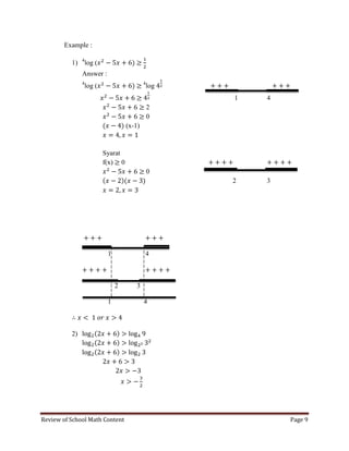 Review of School Math Content Page 9 
Example : 
1) 4log ( 
Answer : 
4log ( 4log 
1 4 
2 
0 
(x-1) 
Syarat 
f(x) 0 
0 
2 3 
1 4 
2 3 
1 4 
2) 
 