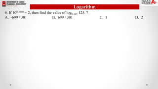 Logarithm
6. If 100.3010 = 2, then find the value of log0.125 125. ?
A. -699 / 301 B. 699 / 301 C. 1 D. 2
 