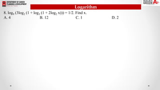 Logarithm
8. log9 (3log2 (1 + log3 (1 + 2log2 x))) = 1/2. Find x.
A. 4 B. 12 C. 1 D. 2
 
