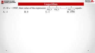 Logarithm
15. If x = 1998!, then value of the expression
1
𝑙𝑜𝑔2
𝑥
+
1
𝑙𝑜𝑔3
𝑥
+……+
1
𝑙𝑜𝑔1998
𝑥
equals-
A. -1 B. 0 C. 1 D. 1998
 
