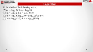 Logarithm
16. In which of the following m > n
(A)m = (log2 5)2 & n = log2 20
(B) m = log10 2 & n = log10 3√10
(C) m = log10 5. log10 20 + (log10 2)2 & n = 1
(D) m = log1/2 (1/3) & n = log1/3 (1/16)
 