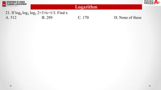 Logarithm
21. If log8 log3 log2 2+3√x=1/3. Find x
A. 512 B. 289 C. 170 D. None of these
 
