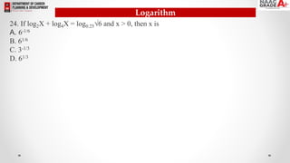Logarithm
24. If log2X + log4X = log0.25√6 and x > 0, then x is
A. 6-1/6
B. 61/6
C. 3-1/3
D. 61/3
 