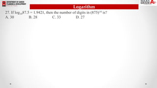 Logarithm
27. If log1087.5 = 1.9421, then the number of digits in (875)10 is?
A. 30 B. 28 C. 33 D. 27
 