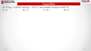 Logarithm
28. If log2 = 0.30103 and log3 = 0.4771, then number of digits in 6485 is?
A. 12 B. 13 C. 14 D. 15
 
