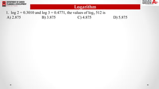 1. log 2 = 0.3010 and log 3 = 0.4771, the values of log5 512 is
A) 2.875 B) 3.875 C) 4.875 D) 5.875
Logarithm
 
