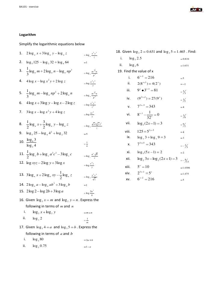 Logarithm Exercises With Answers