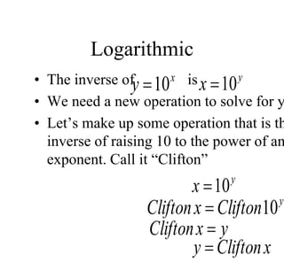Logarithmic
• The inverse of is
• We need a new operation to solve for y
• Let’s make up some operation that is th
inverse of raising 10 to the power of an
exponent. Call it “Clifton”
x
y 10
 y
x 10

y
x 10

y
Clifton
x
Clifton 10

x
Clifton
y 
y
x
Clifton 
 