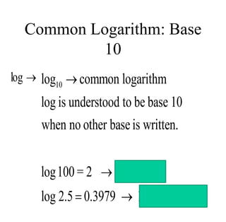 Common Logarithm: Base
10
10
2
0.3979
log common logarithm
log is understood to be base 10
when no other baseis written.
log100 = 2 10 100
log 2.5 0.3979 10 2.5

 
  

log
 