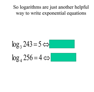 So logarithms are just another helpful
way to write exponential equations
256
4
4
256
log
243
3
5
243
log
4
4
5
3






 