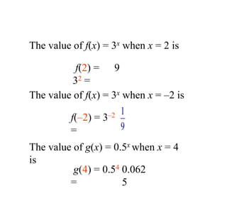 The value of f(x) = 3x when x = 2 is
f(2) =
32 =
The value of g(x) = 0.5x when x = 4
is
g(4) = 0.54
=
The value of f(x) = 3x when x = –2 is
9
1
9
f(–2) = 3–2
=
0.062
5
 