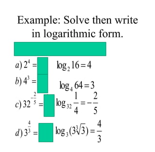 Example: Solve then write
in logarithmic form.
4
3
2
5
4
3
3
Express in logarithmic form.
) 2 16
) 4 64
1
)32
4
)3 3 3
a
b
c
d





4
16
log2 
3
4
)
3
3
(
log 3
3 
3
64
log4 
5
2
4
1
log32 

 