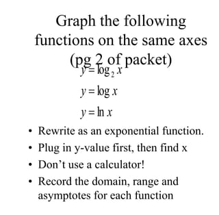 Graph the following
functions on the same axes
(pg 2 of packet)
• Rewrite as an exponential function.
• Plug in y-value first, then find x
• Don’t use a calculator!
• Record the domain, range and
asymptotes for each function
x
y
x
y
x
y
ln
log
log2



 