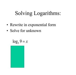 Solving Logarithms:
• Rewrite in exponential form
• Solve for unknown
3
2
log 9
3 9
3 3
2
x
x
x
x




 