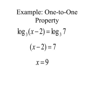 Example: One-to-One
Property
7
log
)
2
(
log 3
3 

x
7
)
2
( 

x
9

x
 