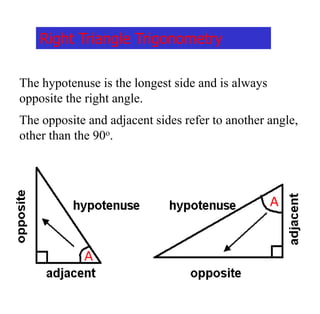 A
A
The hypotenuse is the longest side and is always
opposite the right angle.
The opposite and adjacent sides refer to another angle,
other than the 90o.
Right Triangle Trigonometry
 