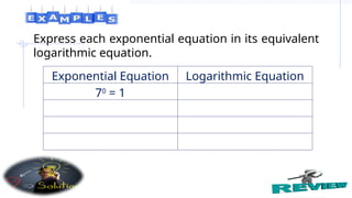 Express each exponential equation in its equivalent
logarithmic equation.
Exponential Equation Logarithmic Equation
70
= 1
 