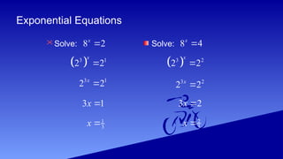 Exponential Equations
8 4
x

 
3 2
2 2
x

3 2
x 
2
3
x 
3 2
2 2
x

8 2
x

 
3 1
2 2
x

3 1
x 
1
3
x 
3 1
2 2
x

Solve: Solve:
 