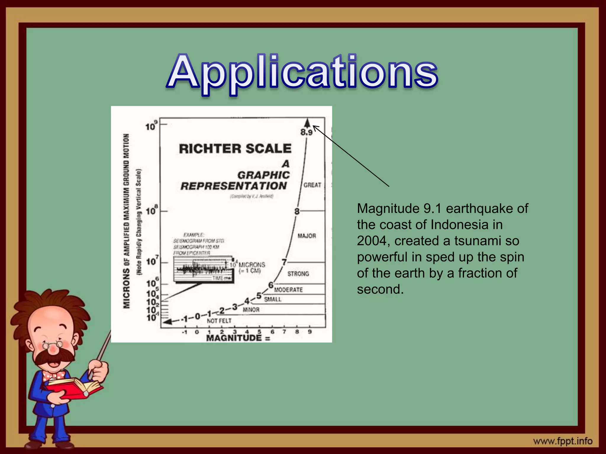 Magnitude 9.1 earthquake of
the coast of Indonesia in
2004, created a tsunami so
powerful in sped up the spin
of the earth by a fraction of
second.
 