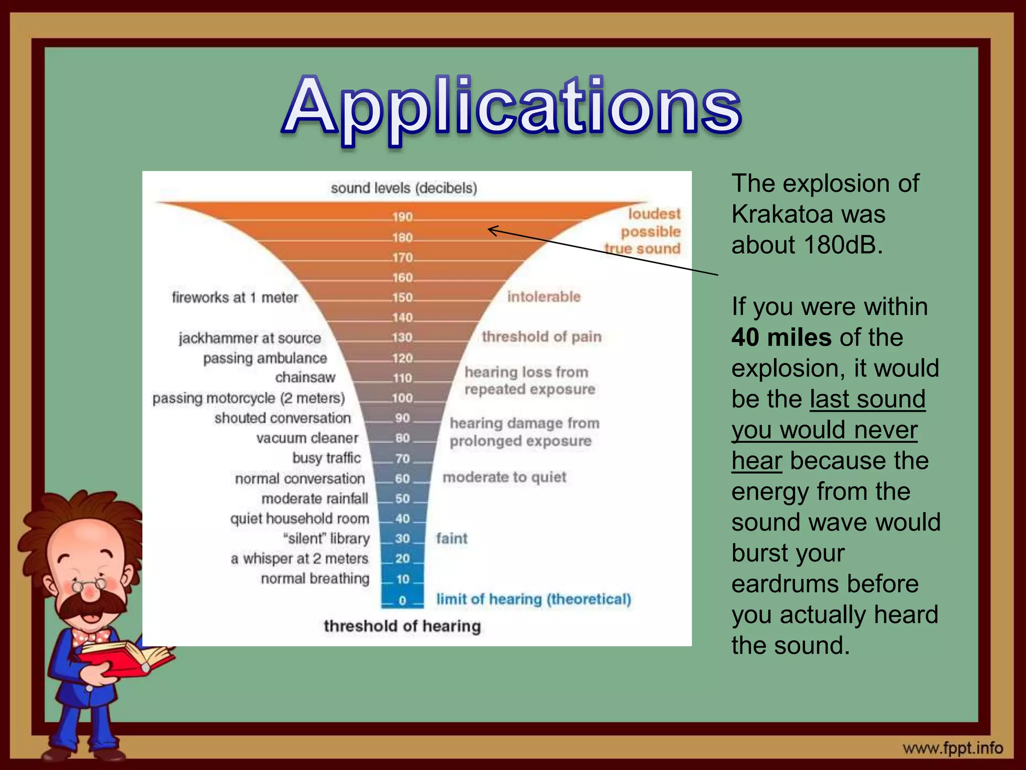The explosion of
Krakatoa was
about 180dB.
If you were within
40 miles of the
explosion, it would
be the last sound
you would never
hear because the
energy from the
sound wave would
burst your
eardrums before
you actually heard
the sound.
 