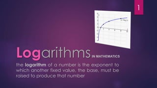 LogarithmsIN MATHEMATICS
1
the logarithm of a number is the exponent to
which another fixed value, the base, must be
raised to produce that number
 