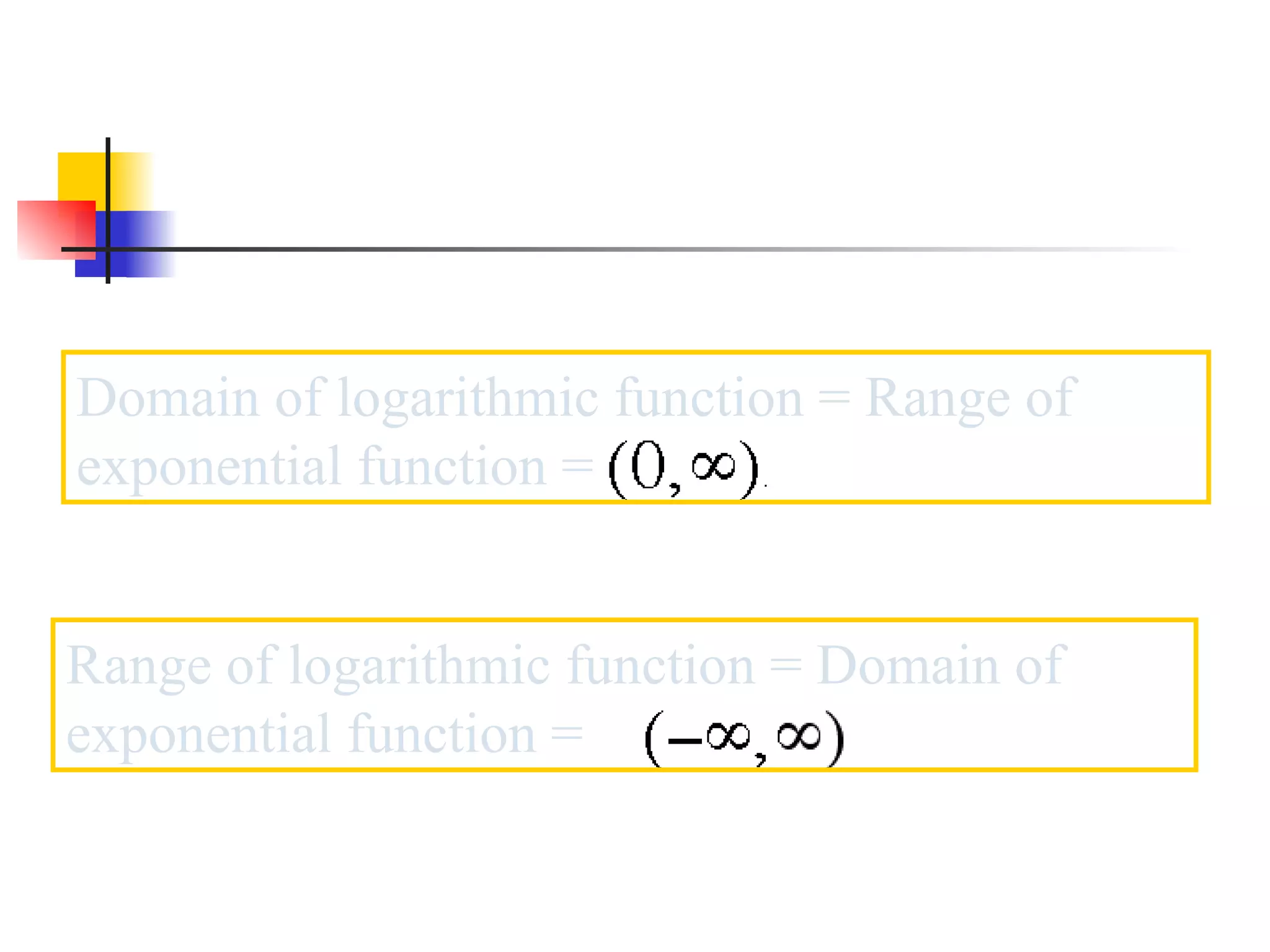 Domain of logarithmic function = Range of exponential function = Range of logarithmic function = Domain of exponential function =  