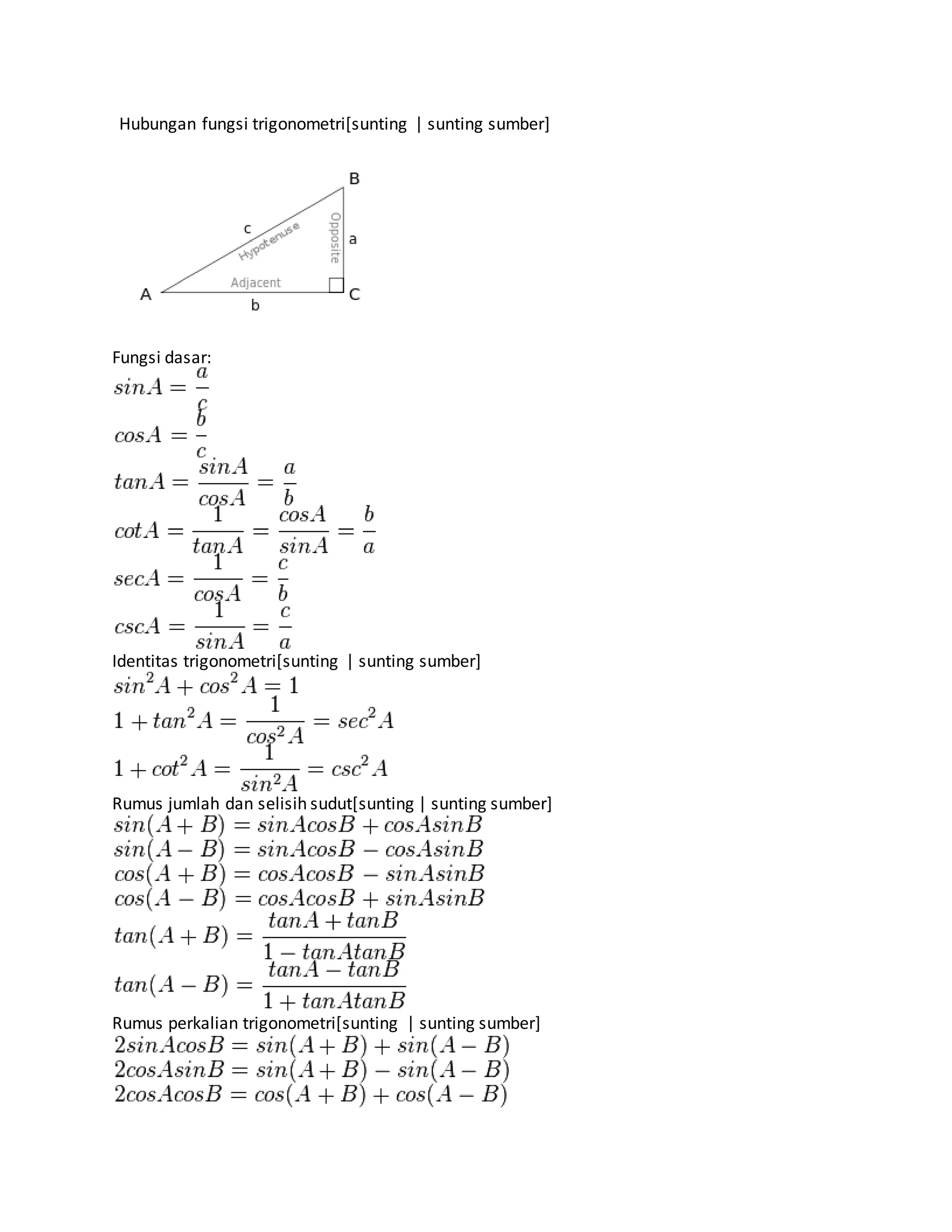 Hubungan fungsi trigonometri[sunting | sunting sumber]
Fungsi dasar:
Identitas trigonometri[sunting | sunting sumber]
Rumus jumlah dan selisih sudut[sunting | sunting sumber]
Rumus perkalian trigonometri[sunting | sunting sumber]
 
