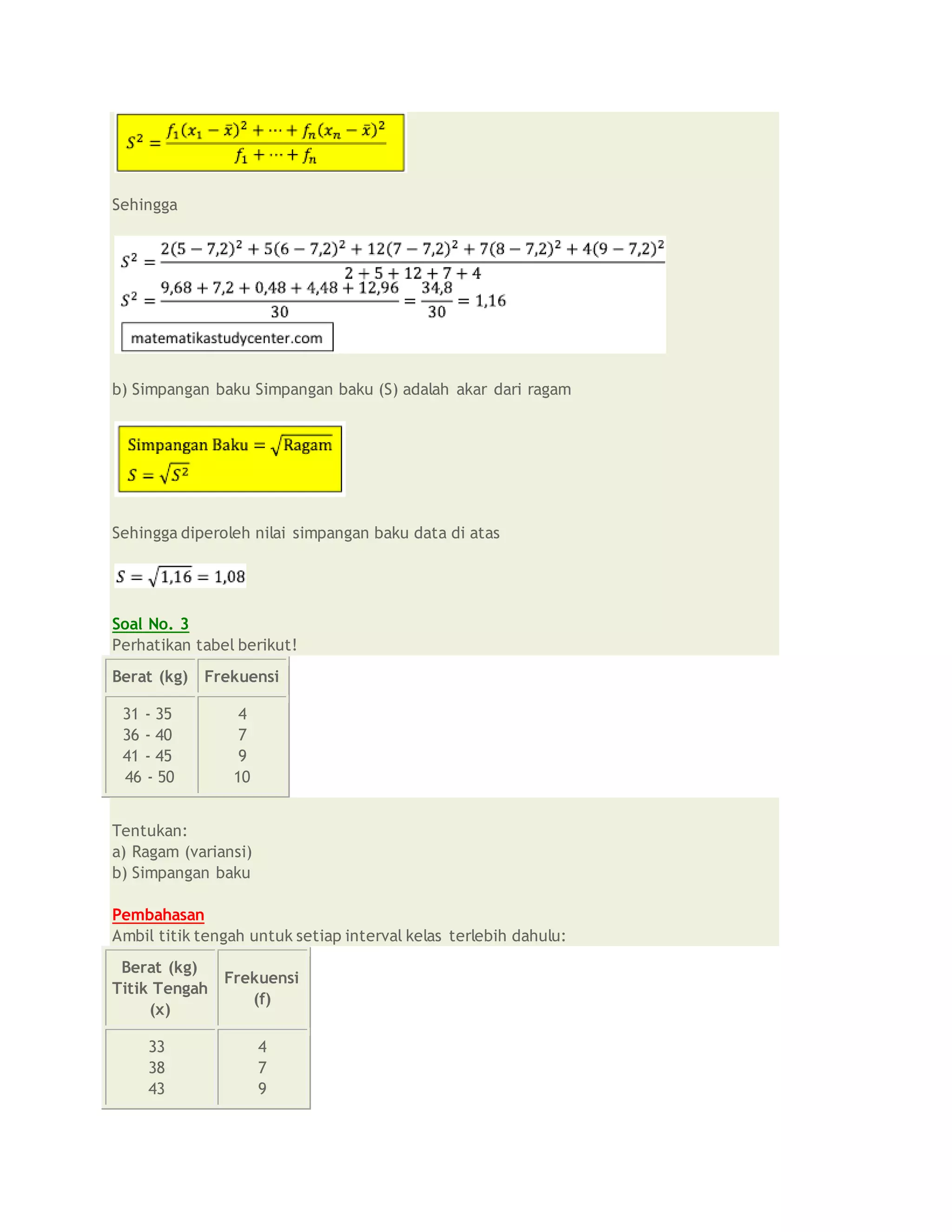 Sehingga
b) Simpangan baku Simpangan baku (S) adalah akar dari ragam
Sehingga diperoleh nilai simpangan baku data di atas
Soal No. 3
Perhatikan tabel berikut!
Berat (kg) Frekuensi
31 - 35
36 - 40
41 - 45
46 - 50
4
7
9
10
Tentukan:
a) Ragam (variansi)
b) Simpangan baku
Pembahasan
Ambil titik tengah untuk setiap interval kelas terlebih dahulu:
Berat (kg)
Titik Tengah
(x)
Frekuensi
(f)
33
38
43
4
7
9
 