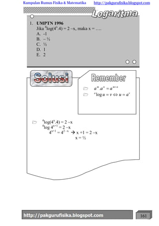 http://meetabied.wordpress.com 161
1. UMPTN 1996
Jika 4
log(4x
.4) = 2 –x, maka x = ….
A. -1
B. – ½
C. ½
D. 1
E. 2
1
4
log...