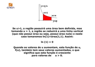 Se u>1, a região possuirá uma área bem definida, mas
tomando u = 1, a região se reduzirá a uma linha vertical
(que não possui área ou seja, possui área nula) e neste
caso tomaremos ln(1)=área(1,1). Assim:
ln (1) = 0
Quando os valores de u aumentam, esta função de u,
f(u), também tem seus valores aumentados, o que
significa que esta função é crescente
para valores de
u > 0.

 