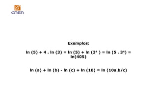 Exemplos:
ln (5) + 4 . ln (3) = ln (5) + ln (34 ) = ln (5 . 34) =
ln(405)

ln (a) + ln (b) - ln (c) + ln (10) = ln (10a.b/c)

 
