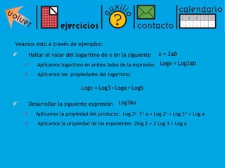 Veamos esto a través de ejemplos: Hallar el valor del logaritmo de x en la siguiente  Aplicamos logaritmo en ambos lados de la expresión  Aplicamos las  propiedades del logaritmo:  Desarrollar la siguiente expresión  Aplicamos la propiedad del producto:  Log 2 2 .  3  2  a = Log 2 2  + Log  3  2  + Log a Aplicamos la propiedad de los exponentes  2log 2 + 2 Log 3 + Log a 