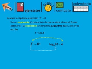 Veamos la siguiente expresión  2 3  = 8 3 es el  exponente  (ó potencia) a la que se debe elevar el 2 para obtener 8.  El  exponente  se denomina  Logaritmo  base 2 de 8 y se escribe  3 = Log 2  8 