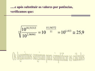 ... e após substituir os valores por potências,  verificamos que:   Os logaritmos surgiram para simplificar os cálculos 