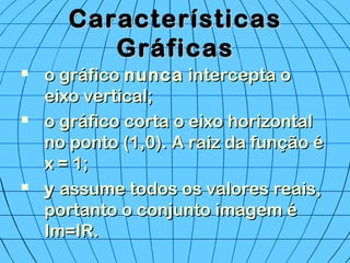 CaracterísticasCaracterísticas
GráficasGráficas
 o gráficoo gráfico nuncanunca intercepta ointercepta o
eixo vertical;eixo vertical;
 o gráfico corta o eixo horizontalo gráfico corta o eixo horizontal
no ponto (1,0). A raiz da função éno ponto (1,0). A raiz da função é
x = 1;x = 1;
 yy assume todos os valores reais,assume todos os valores reais,
portanto o conjunto imagem éportanto o conjunto imagem é
Im=IR.Im=IR.
 
