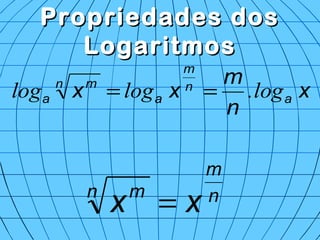 Propriedades dosPropriedades dos
LogaritmosLogaritmos
x
n
m
xx a
n
m
a
n m
a log.loglog ==
n
m
n m
xx =
 