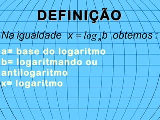 DEFINIÇÃODEFINIÇÃO
:obtemosbxigualdadeNa alog=
a= base do logaritmo
b= logaritmando ou
antilogaritmo
x= logaritmo
 